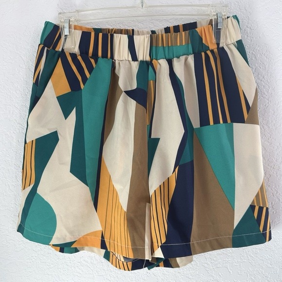 Unbranded Pants - Womens Resortwear Abstract Geo Print Shorts Sz. L Slash Pocket Elastic Waist